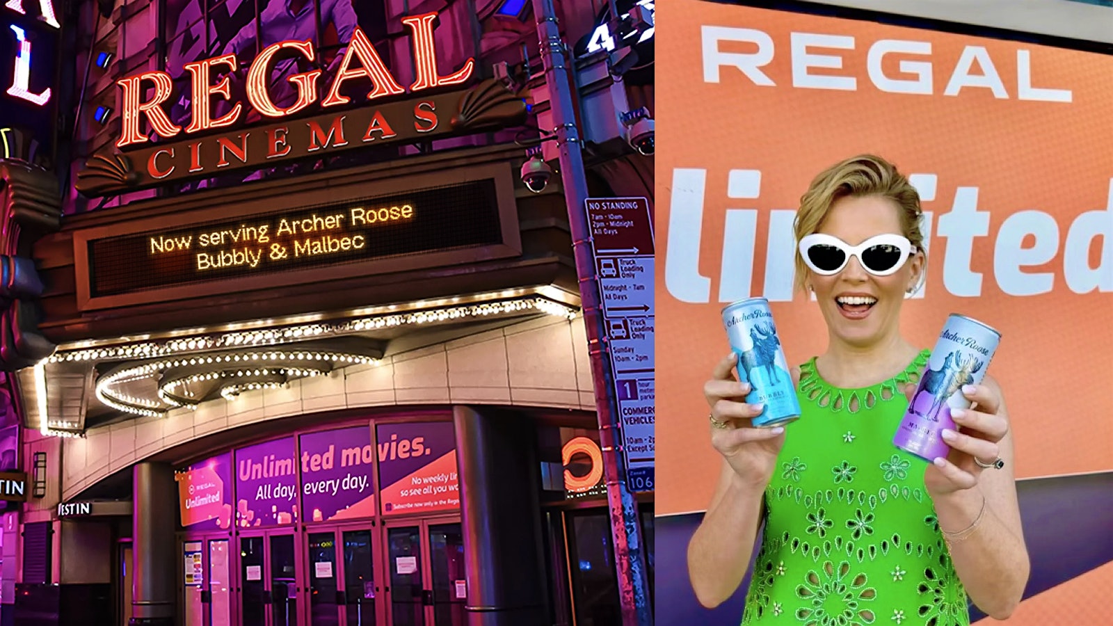 Elizabeth Banks holds cans of Archer Roose canned wine at Regal Cinemas.